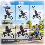 [UK Warehouse] 6 in 1 Kids Trike Push Bike w/ Push Handle, Canopy, 5-point Seat Belt, Storage, Footrest, Brake, for 1-5 Years, Purple - British D'sire