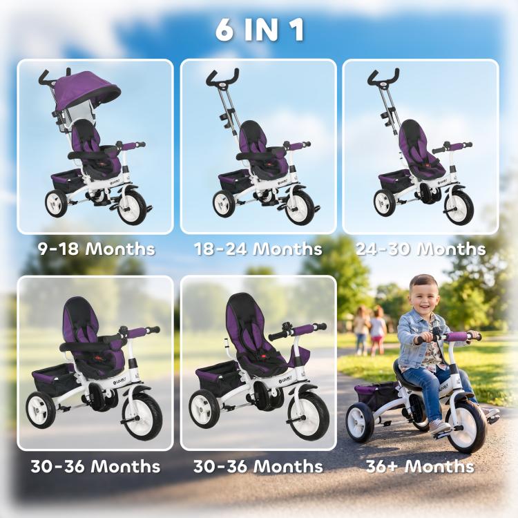 [UK Warehouse] 6 in 1 Kids Trike Push Bike w/ Push Handle, Canopy, 5-point Seat Belt, Storage, Footrest, Brake, for 1-5 Years, Purple - British D'sire