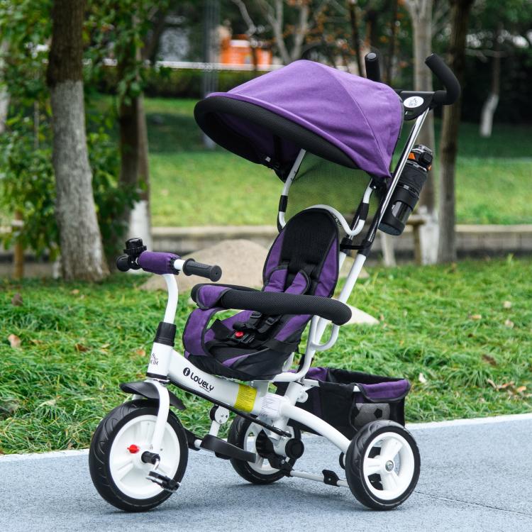 [UK Warehouse] 6 in 1 Kids Trike Push Bike w/ Push Handle, Canopy, 5-point Seat Belt, Storage, Footrest, Brake, for 1-5 Years, Purple - British D'sire