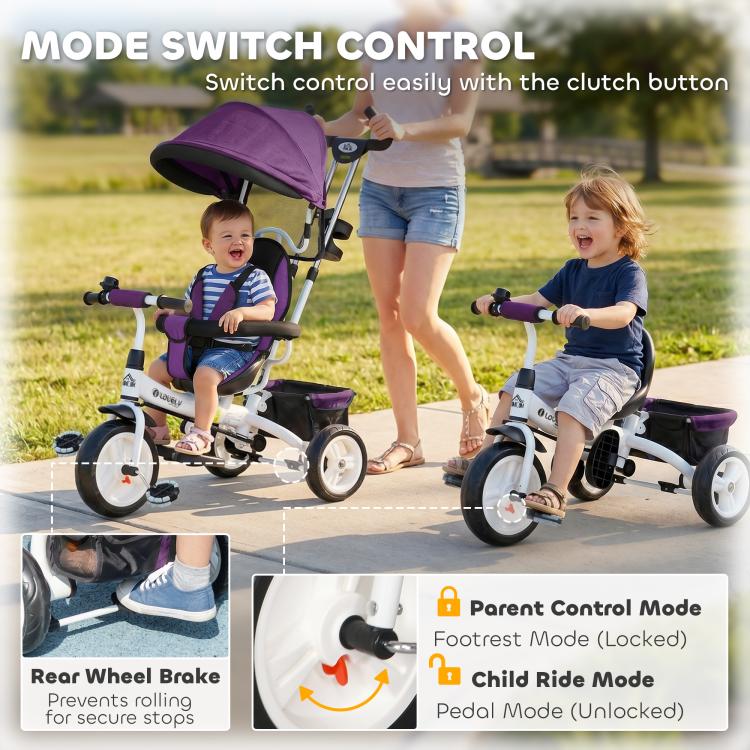 [UK Warehouse] 6 in 1 Kids Trike Push Bike w/ Push Handle, Canopy, 5-point Seat Belt, Storage, Footrest, Brake, for 1-5 Years, Purple - British D'sire