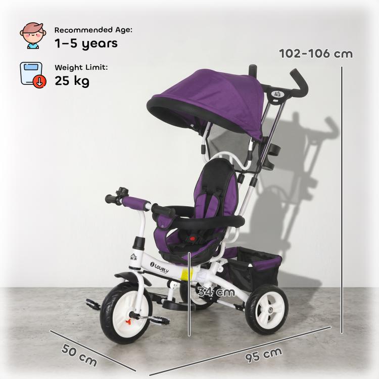 [UK Warehouse] 6 in 1 Kids Trike Push Bike w/ Push Handle, Canopy, 5-point Seat Belt, Storage, Footrest, Brake, for 1-5 Years, Purple - British D'sire
