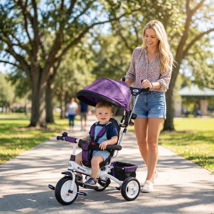 [UK Warehouse] 6 in 1 Kids Trike Push Bike w/ Push Handle, Canopy, 5-point Seat Belt, Storage, Footrest, Brake, for 1-5 Years, Purple - British D'sire