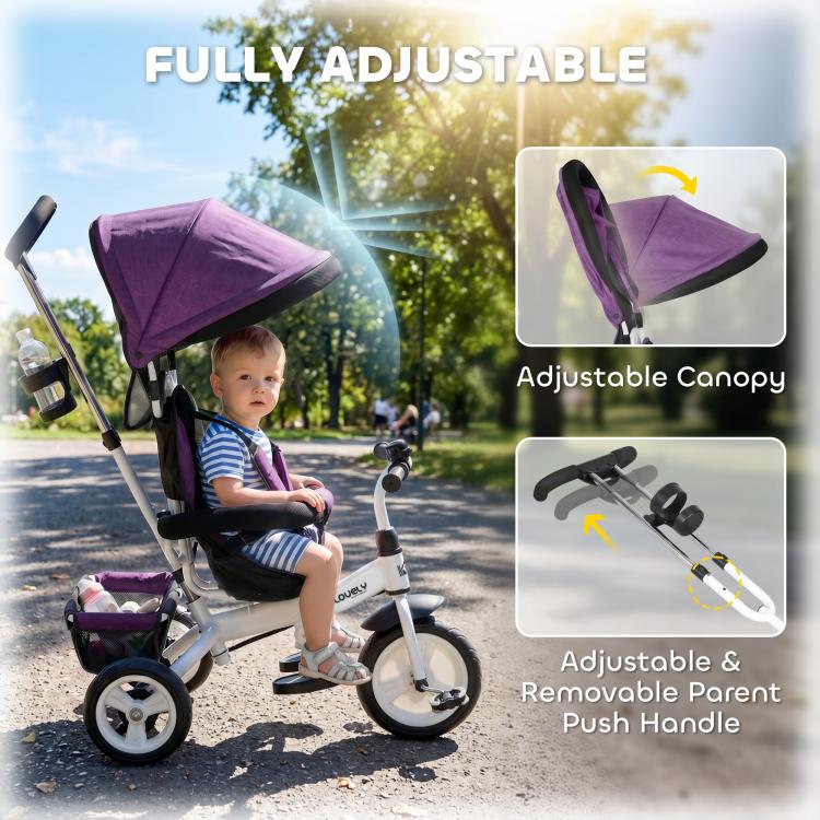 [UK Warehouse] 6 in 1 Kids Trike Push Bike w/ Push Handle, Canopy, 5-point Seat Belt, Storage, Footrest, Brake, for 1-5 Years, Purple - British D'sire