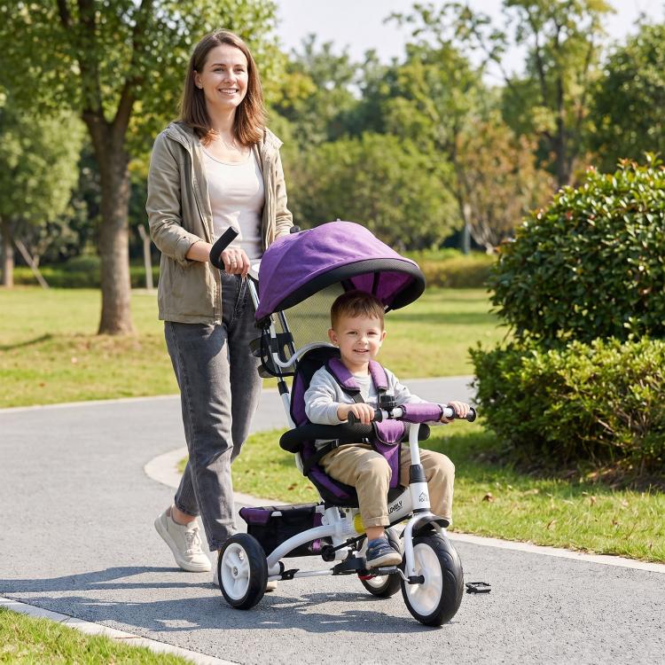 [UK Warehouse] 6 in 1 Kids Trike Push Bike w/ Push Handle, Canopy, 5-point Seat Belt, Storage, Footrest, Brake, for 1-5 Years, Purple - British D'sire