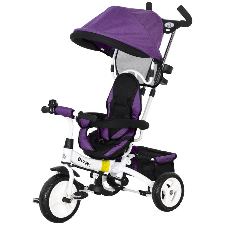 [UK Warehouse] 6 in 1 Kids Trike Push Bike w/ Push Handle, Canopy, 5-point Seat Belt, Storage, Footrest, Brake, for 1-5 Years, Purple - British D'sire