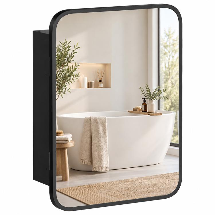 [UK Warehouse] Bathroom Medicine Mirror Cabinet, Bathroom Wall Cabinet with Storage, Magnetic Door and Adjustable Shelf, Black - British D'sire Main image