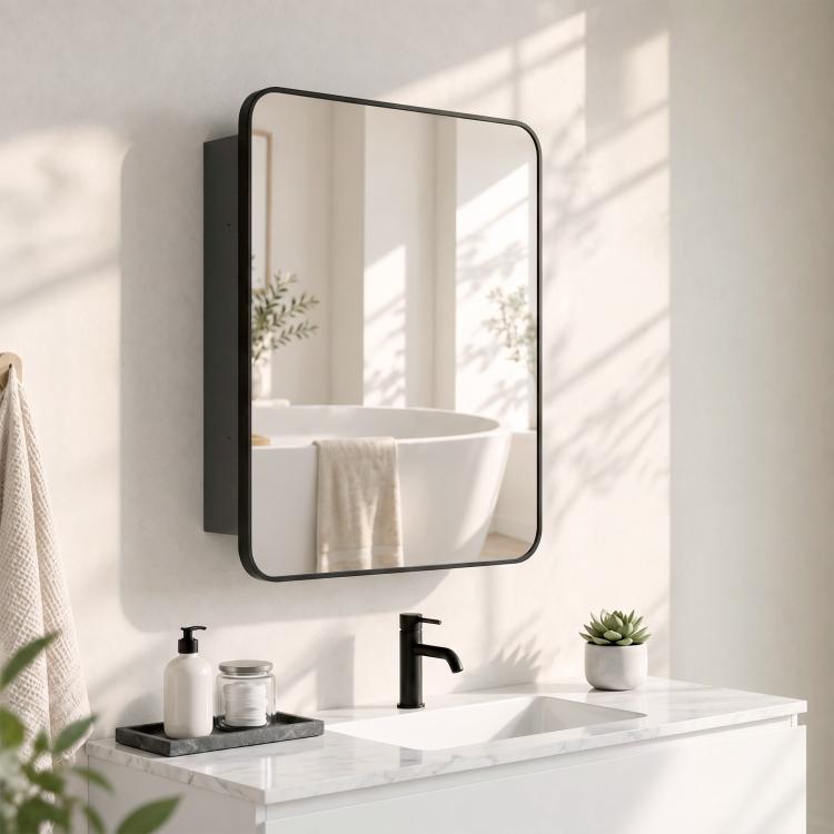 [UK Warehouse] Bathroom Medicine Mirror Cabinet, Bathroom Wall Cabinet with Storage, Magnetic Door and Adjustable Shelf, Black - British D'sire