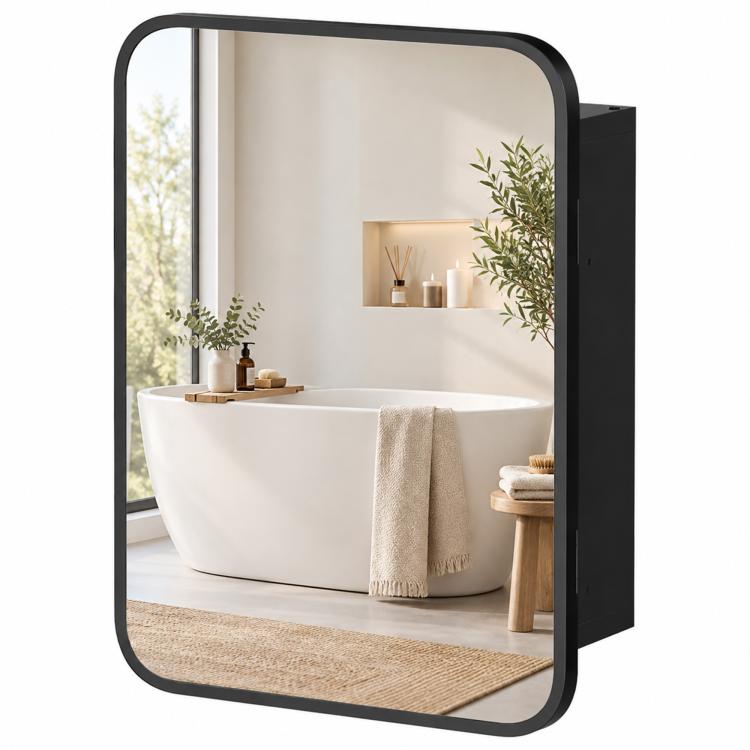 [UK Warehouse] Bathroom Medicine Mirror Cabinet, Bathroom Wall Cabinet with Storage, Magnetic Door and Adjustable Shelf, Black - British D'sire