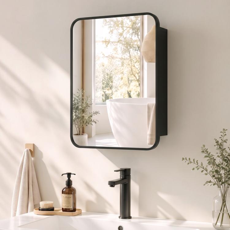 [UK Warehouse] Bathroom Medicine Mirror Cabinet, Bathroom Wall Cabinet with Storage, Magnetic Door and Adjustable Shelf, Black - British D'sire