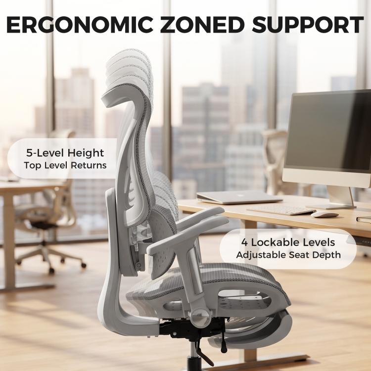 [UK Warehouse] Ergonomic Office Chair with Lumbar Support, Mesh Reclining Desk Chair with Footrest, Adjustable High Back, Grey - British D'sire