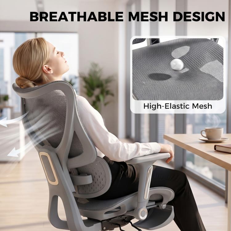 [UK Warehouse] Ergonomic Office Chair with Lumbar Support, Mesh Reclining Desk Chair with Footrest, Adjustable High Back, Grey - British D'sire