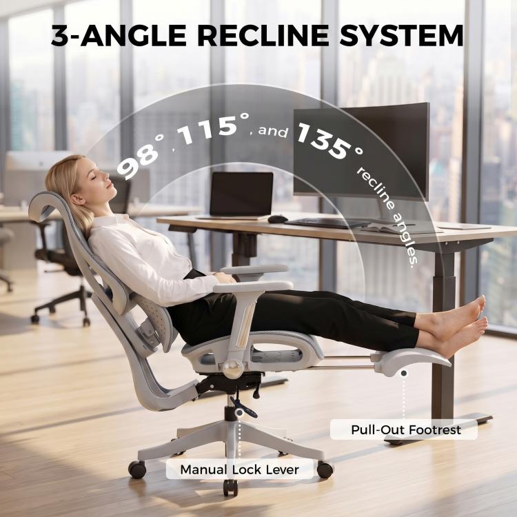 [UK Warehouse] Ergonomic Office Chair with Lumbar Support, Mesh Reclining Desk Chair with Footrest, Adjustable High Back, Grey - British D'sire