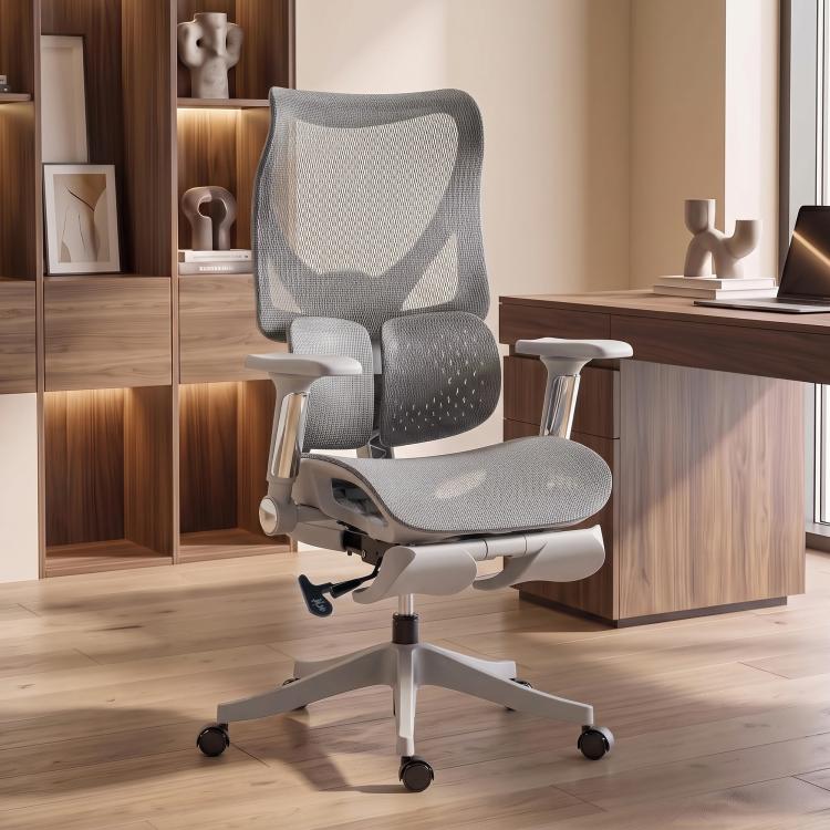 [UK Warehouse] Ergonomic Office Chair with Lumbar Support, Mesh Reclining Desk Chair with Footrest, Adjustable High Back, Grey - British D'sire