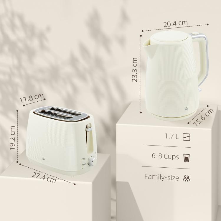 [UK Warehouse] Kettle and Toaster Set, 1.7L 3000W Fast Boil Kettle & 2 Slice Toaster Kitchen Set with 7 Level Browning Controls, Defrost, Reheat, Boil-dry Protection, Cream White - British D'sire