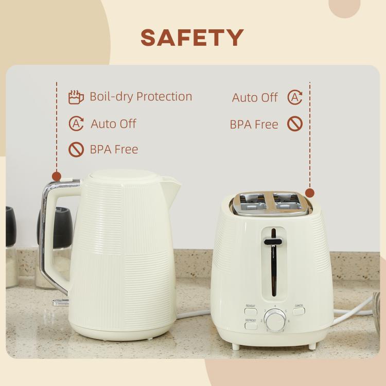 [UK Warehouse] Kettle and Toaster Set, 1.7L 3000W Fast Boil Kettle & 2 Slice Toaster Kitchen Set with 7 Level Browning Controls, Defrost, Reheat, Boil-dry Protection, Cream White - British D'sire