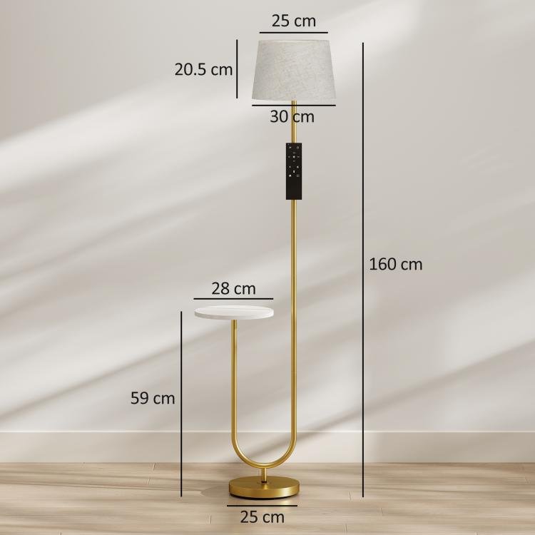 [UK Warehouse] Modern Floor Lamp with Shelf, Dimmable Floor Lamp with Linen Shade, RF Remote and Foot Switch for Living Room, Gold Tone - British D'sire