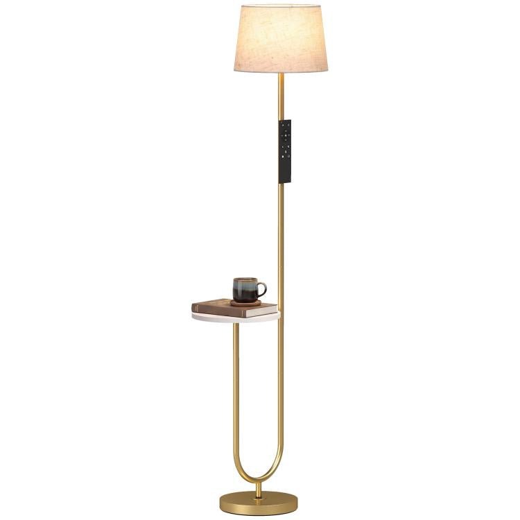 [UK Warehouse] Modern Floor Lamp with Shelf, Dimmable Floor Lamp with Linen Shade, RF Remote and Foot Switch for Living Room, Gold Tone - British D'sire