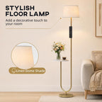 [UK Warehouse] Modern Floor Lamp with Shelf, Dimmable Floor Lamp with Linen Shade, RF Remote and Foot Switch for Living Room, Gold Tone - British D'sire