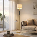 [UK Warehouse] Modern Floor Lamp with Shelf, Dimmable Floor Lamp with Linen Shade, RF Remote and Foot Switch for Living Room, Gold Tone - British D'sire