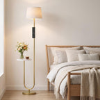 [UK Warehouse] Modern Floor Lamp with Shelf, Dimmable Floor Lamp with Linen Shade, RF Remote and Foot Switch for Living Room, Gold Tone - British D'sire