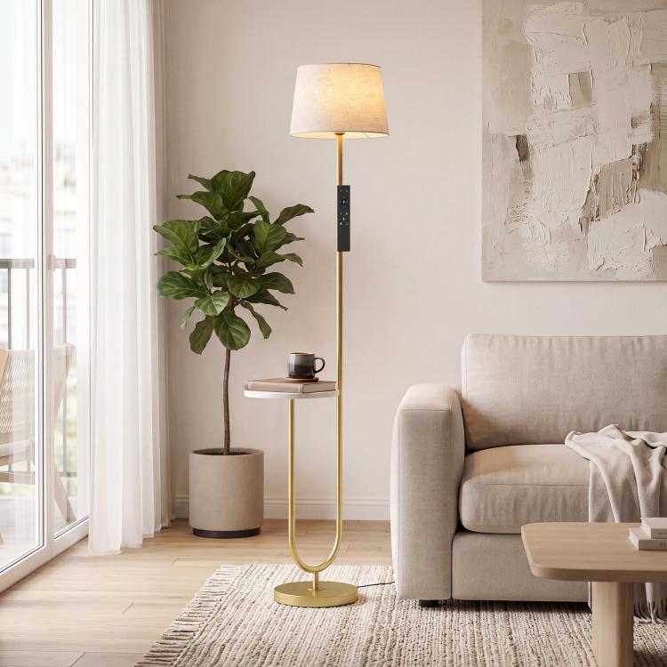 [UK Warehouse] Modern Floor Lamp with Shelf, Dimmable Floor Lamp with Linen Shade, RF Remote and Foot Switch for Living Room, Gold Tone - British D'sire