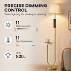[UK Warehouse] Modern Floor Lamp with Shelf, Dimmable Floor Lamp with Linen Shade, RF Remote and Foot Switch for Living Room, Gold Tone - British D'sire