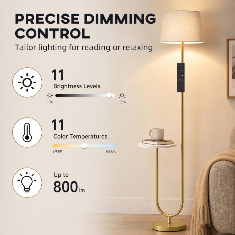 [UK Warehouse] Modern Floor Lamp with Shelf, Dimmable Floor Lamp with Linen Shade, RF Remote and Foot Switch for Living Room, Gold Tone - British D'sire