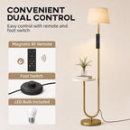 [UK Warehouse] Modern Floor Lamp with Shelf, Dimmable Floor Lamp with Linen Shade, RF Remote and Foot Switch for Living Room, Gold Tone - British D'sire