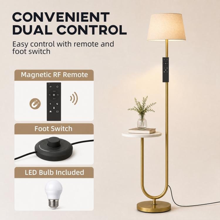 [UK Warehouse] Modern Floor Lamp with Shelf, Dimmable Floor Lamp with Linen Shade, RF Remote and Foot Switch for Living Room, Gold Tone - British D'sire