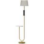 [UK Warehouse] Modern Floor Lamp with Shelf, Dimmable Floor Lamp with Linen Shade, RF Remote and Foot Switch for Living Room, Gold Tone - British D'sire