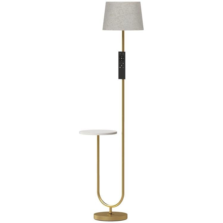 [UK Warehouse] Modern Floor Lamp with Shelf, Dimmable Floor Lamp with Linen Shade, RF Remote and Foot Switch for Living Room, Gold Tone - British D'sire
