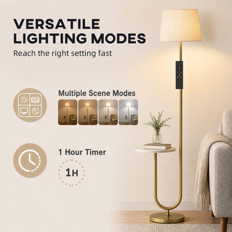 [UK Warehouse] Modern Floor Lamp with Shelf, Dimmable Floor Lamp with Linen Shade, RF Remote and Foot Switch for Living Room, Gold Tone - British D'sire