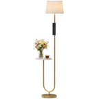 [UK Warehouse] Modern Floor Lamp with Shelf, Dimmable Floor Lamp with Linen Shade, RF Remote and Foot Switch for Living Room, Gold Tone - British D'sire