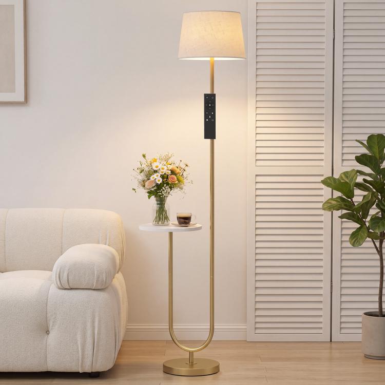 [UK Warehouse] Modern Floor Lamp with Shelf, Dimmable Floor Lamp with Linen Shade, RF Remote and Foot Switch for Living Room, Gold Tone - British D'sire