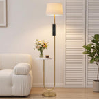 [UK Warehouse] Modern Floor Lamp with Shelf, Dimmable Floor Lamp with Linen Shade, RF Remote and Foot Switch for Living Room, Gold Tone - British D'sire