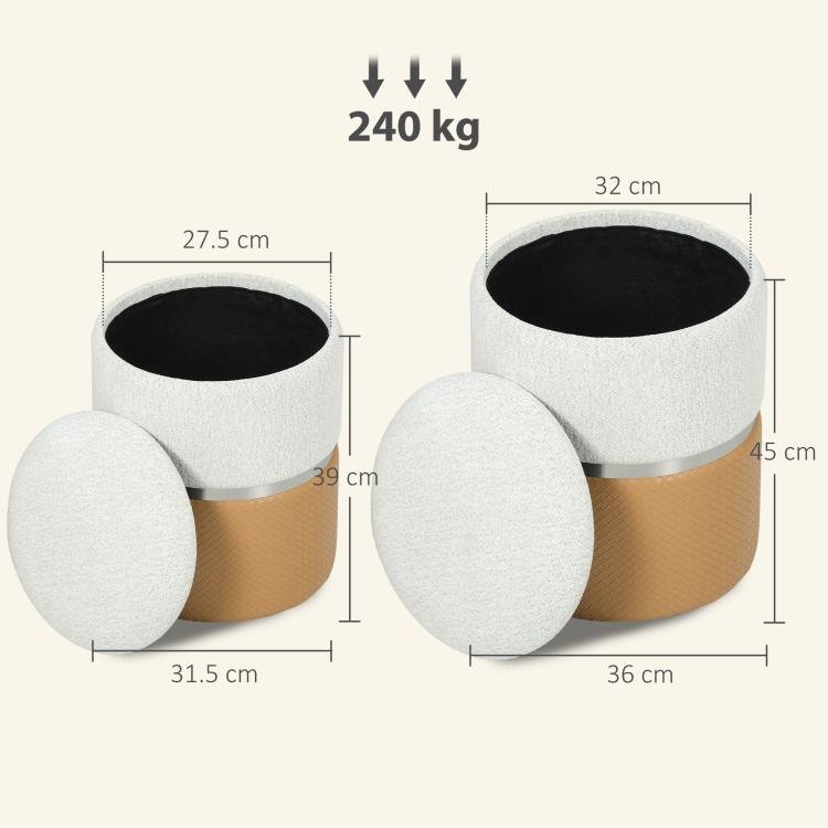 [UK Warehouse] Nesting Round Ottoman with Storage Set of 2 - Cream/Brown - British D'sire