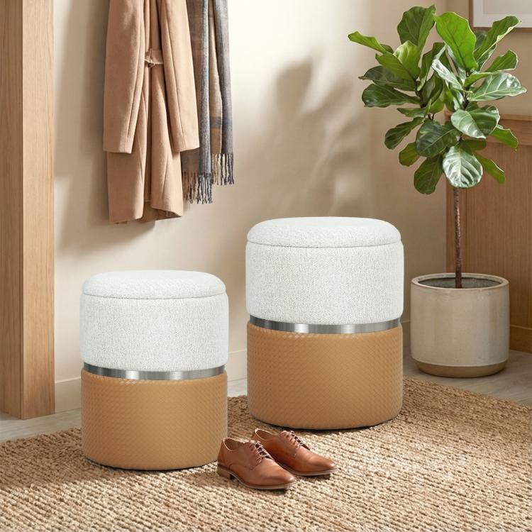 [UK Warehouse] Nesting Round Ottoman with Storage Set of 2 - Cream/Brown - British D'sire