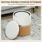 [UK Warehouse] Nesting Round Ottoman with Storage Set of 2 - Cream/Brown - British D'sire
