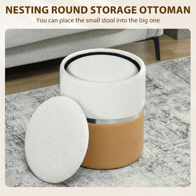 [UK Warehouse] Nesting Round Ottoman with Storage Set of 2 - Cream/Brown - British D'sire