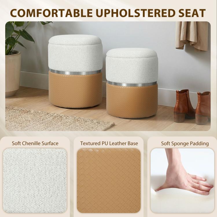 [UK Warehouse] Nesting Round Ottoman with Storage Set of 2 - Cream/Brown - British D'sire
