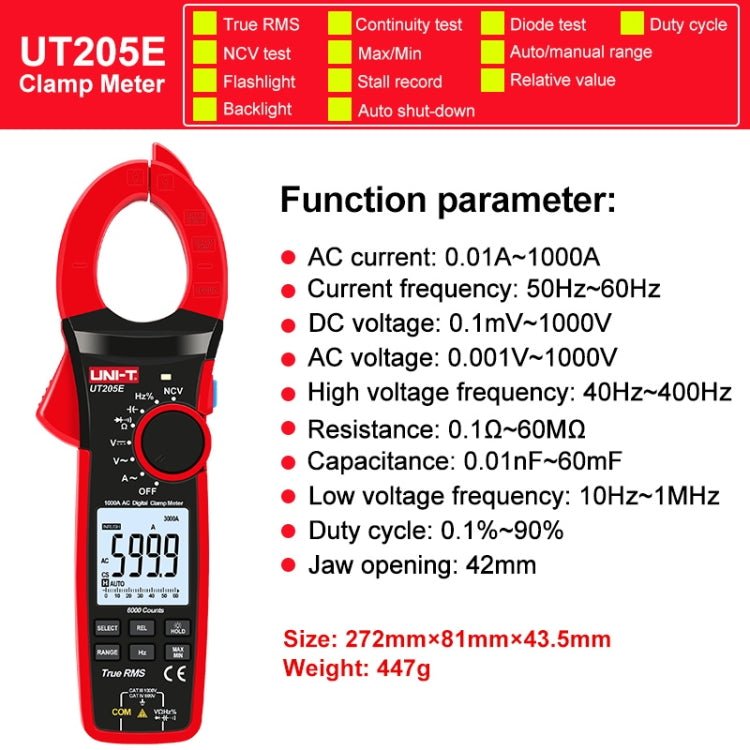 UNI - T UT205E 1000A 42mm Jaw Size Digital Clamp Meter AC DC Voltage Detector - British D'sire
