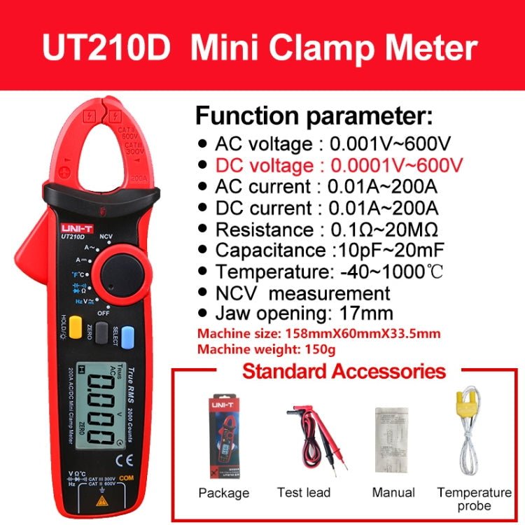 UNI - T UT210D 200A Digital Clamp Meter AC DC Voltage Detector - British D'sire