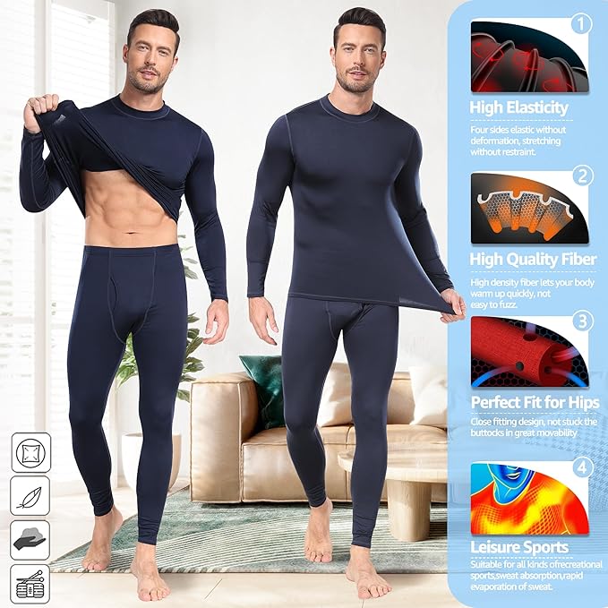 UNIQUEBELLA Mens Thermal Underwear Set Long Sleeve Tops Long Johns Thermal Base Layer Bottom Fleece Lined Quick Drying - Thermal Sets - British D'sire