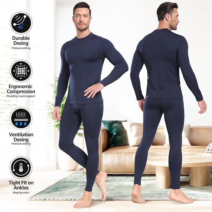 UNIQUEBELLA Mens Thermal Underwear Set Long Sleeve Tops Long Johns Thermal Base Layer Bottom Fleece Lined Quick Drying - Thermal Sets - British D'sire