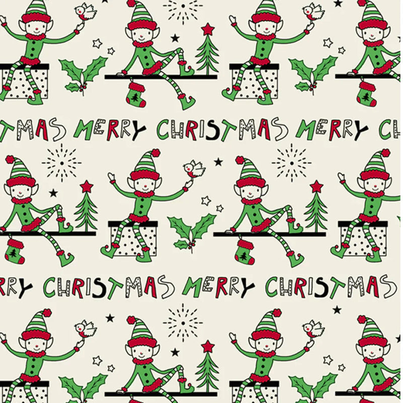 Uniqueco Printed FSCM Elf Merry Christmas Elf Red/Green on Cream - Wrapping Paper - British D'sire