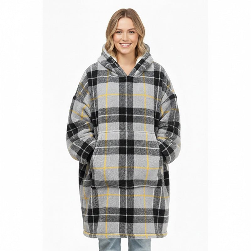 Unisex Tartan Check Fleece Hoodie Soft Warm Stylish Winter Loungewear - Grey - British D'sire