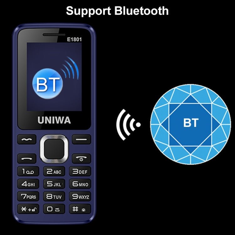 UNIWA E1801 Mobile Phone, 1.77 inch, 800mAh Battery, 21 Keys, Support Bluetooth, FM, MP3, MP4, GSM, Dual SIM(Blue) - British D'sire