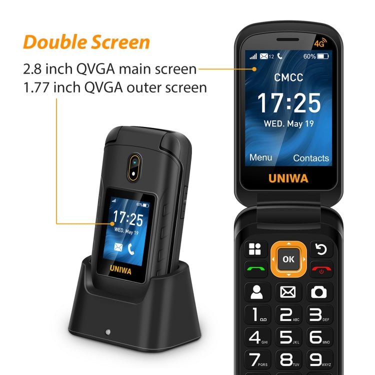 UNIWA V909T Flip Phone, 2.8 inch + 1.77 inch, UNISOC Tiger T107, Support Bluetooth, FM, Network: 4G, SOS, with Charge Dock Base(Black) - British D'sire