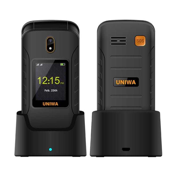 UNIWA V909T Flip Phone, 2.8 inch + 1.77 inch, UNISOC Tiger T107, Support Bluetooth, FM, Network: 4G, SOS, with Charge Dock Base(Black) - British D'sire