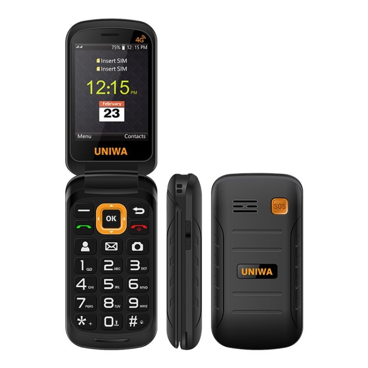 UNIWA V909T Flip Phone, 2.8 inch + 1.77 inch, UNISOC Tiger T107, Support Bluetooth, FM, Network: 4G, SOS, with Charge Dock Base(Black) - British D'sire